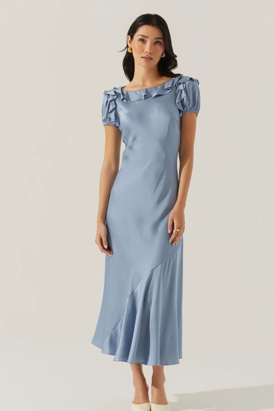 ASTR the Label Women's Large Auden Blue Satin Ruffle Midi Special Occasion Dress